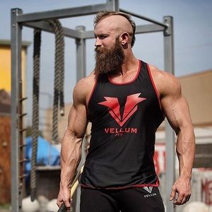 New Vellum fit Black/Red athletic tank in moisture wicking polyester.